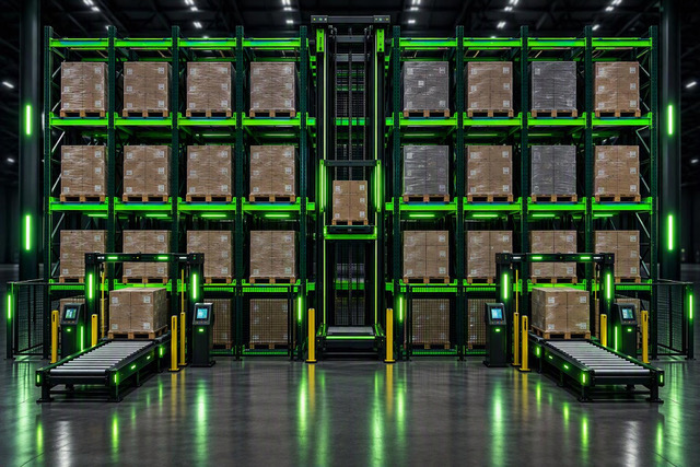 Isometric technical cutaway of the 4D Shuttle automated storage and retrieval system